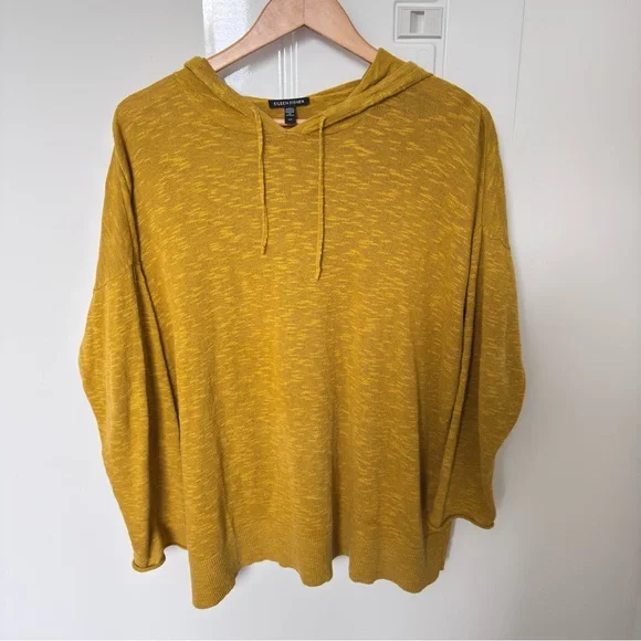 Eileen Fisher organic cotton linen slub Mustard Knit Hooded Pullover top size S - Picture 3 of 11